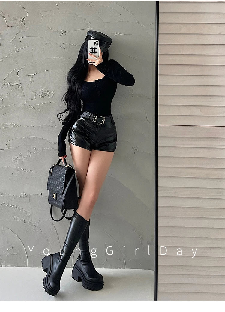 WOMENGAGA American Spicy Girl Shorts Sexy High Waist Tight Slim PU Leather Shorts Hot With Belt Trendy Fashion Spice Girls Y7EK by Reinvent Yourself