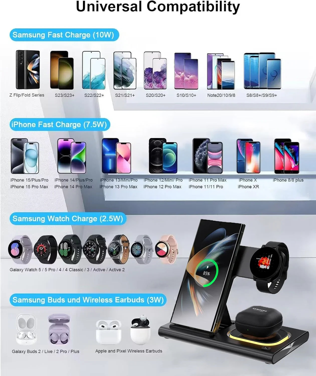 3 in 1 LED Foldable Wireless Charger Stand For Samsung S24 S23 S22 Watch 6 5 4 Active 1 2 Galaxy Buds Pro Fast Charging Station by Reinvent Yourself