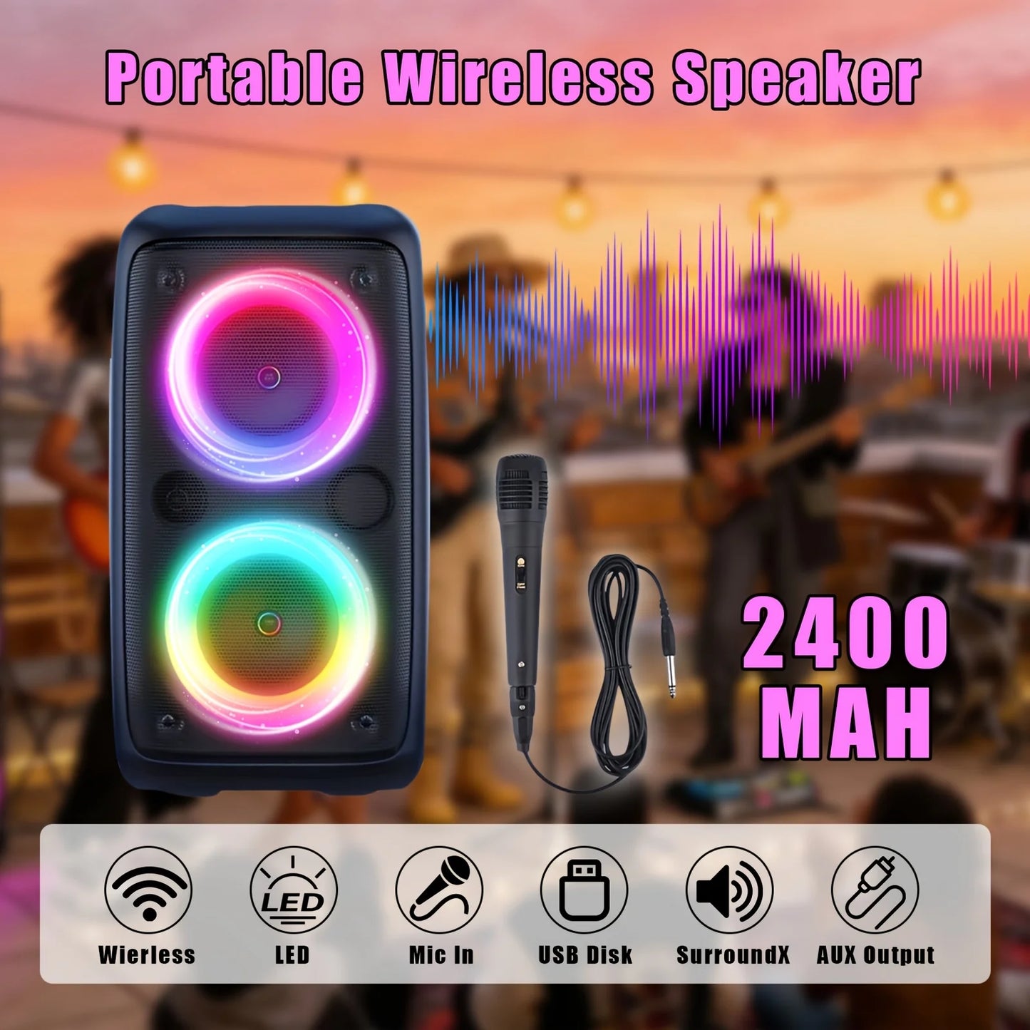 6000W Portable Speaker, Wireless Stereo, TWS, Color Lights, USB/TF Card, for Outdoor, Camping, Backyard Party, Bluetooth Speaker by Reinvent Yourself