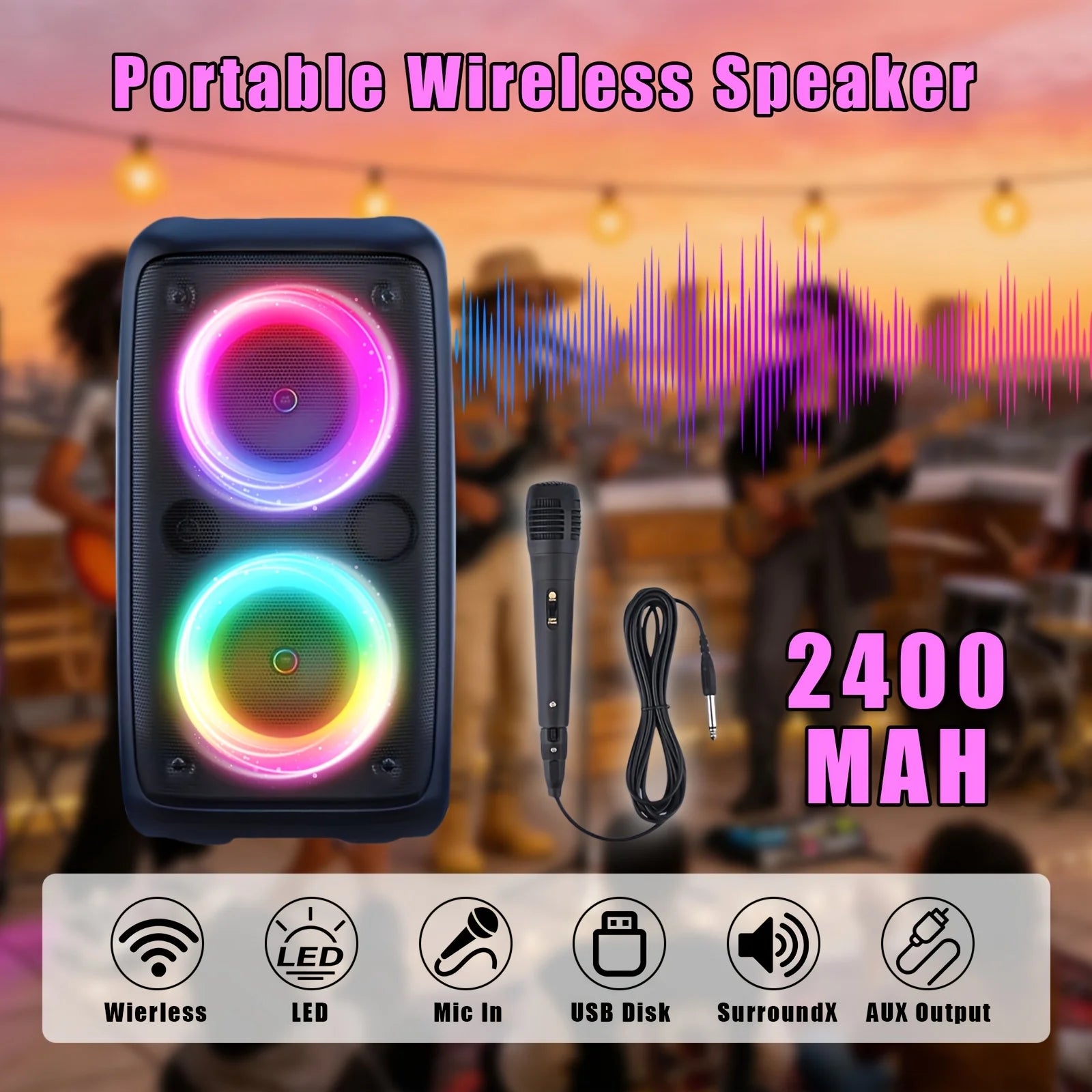 6000W Portable Speaker, Wireless Stereo, TWS, Color Lights, USB/TF Card, for Outdoor, Camping, Backyard Party, Bluetooth Speaker by Reinvent Yourself