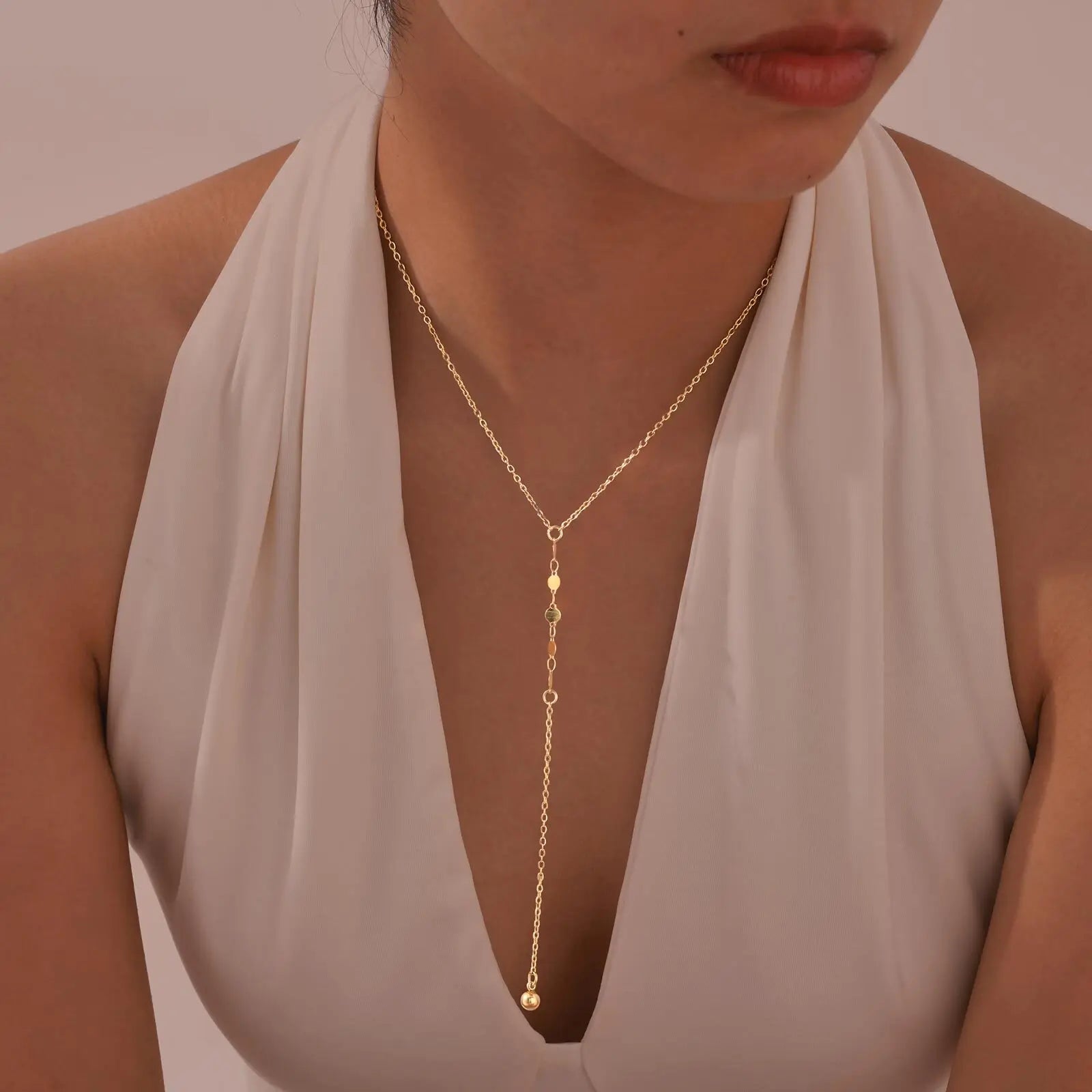 Lariat Necklace, Tiny Ball Pendant Y Drop Long Necklace For Women, Stainless Steel Gold Plated Jewelry Party Gifts by Reinvent Yourself