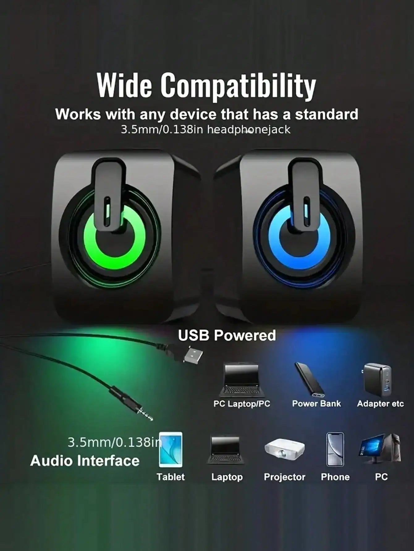 Desktop speakers powered by USB, with volume control LED lights, portable and battery-free by Reinvent Yourself