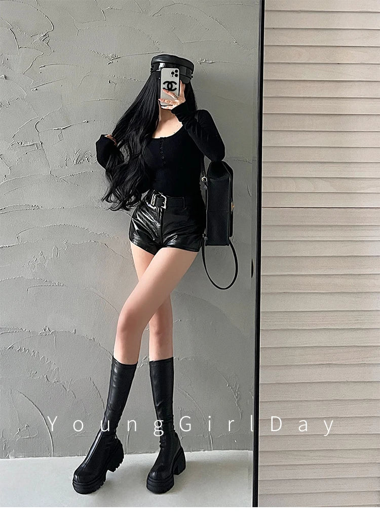 WOMENGAGA American Spicy Girl Shorts Sexy High Waist Tight Slim PU Leather Shorts Hot With Belt Trendy Fashion Spice Girls Y7EK by Reinvent Yourself