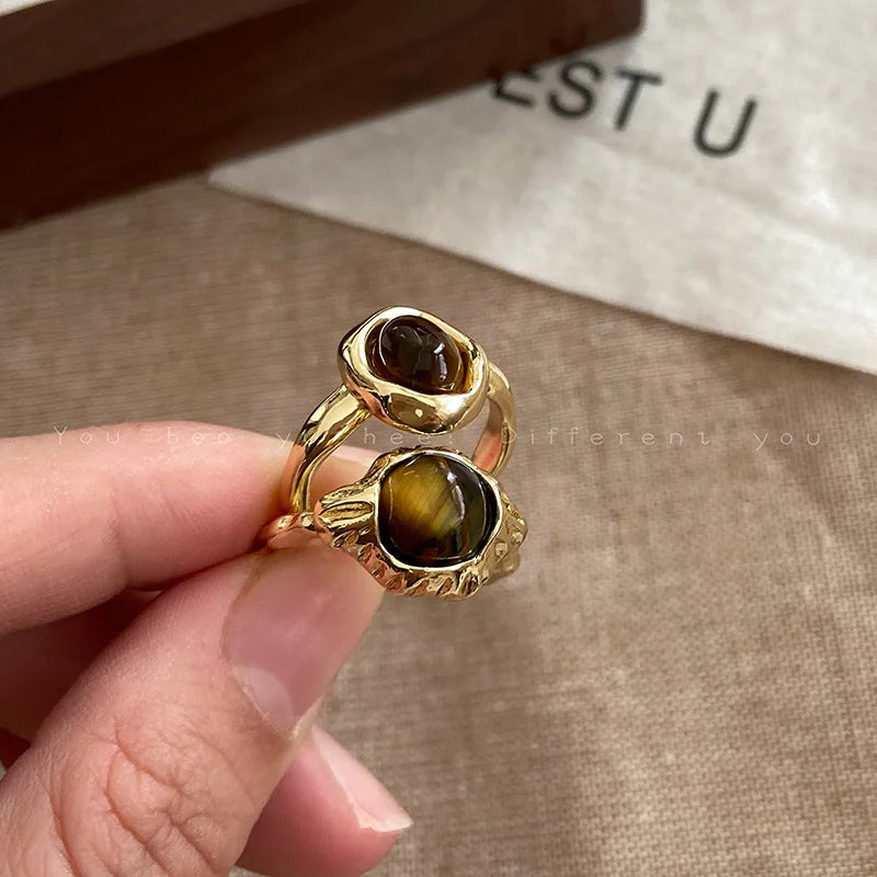 Vintage Brown Tiger Eye Stone Women's Ring Irregular Round Open Ring Design Sense High End Jewelry Gifts by Reinvent Yourself