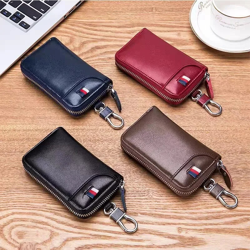 Cowhide Car Key Bag with Waist Hanging Keychain Men and Women Card Holder Smart Housekeeper Keys Portable Storage Zipper Pouch by Reinvent Yourself
