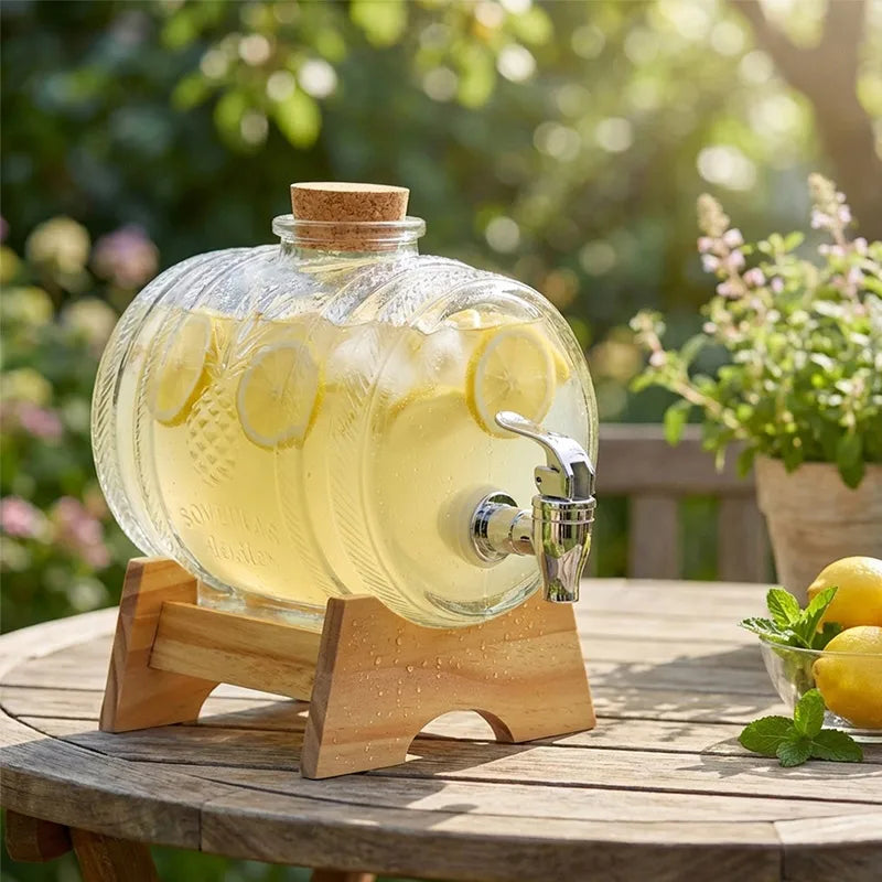Hot Selling 2-liter Glass Bottle In The Shape Of A Cola Barrel Dispenser For Beverages Wine Containers With Faucet Base And Cork by Reinvent Yourself