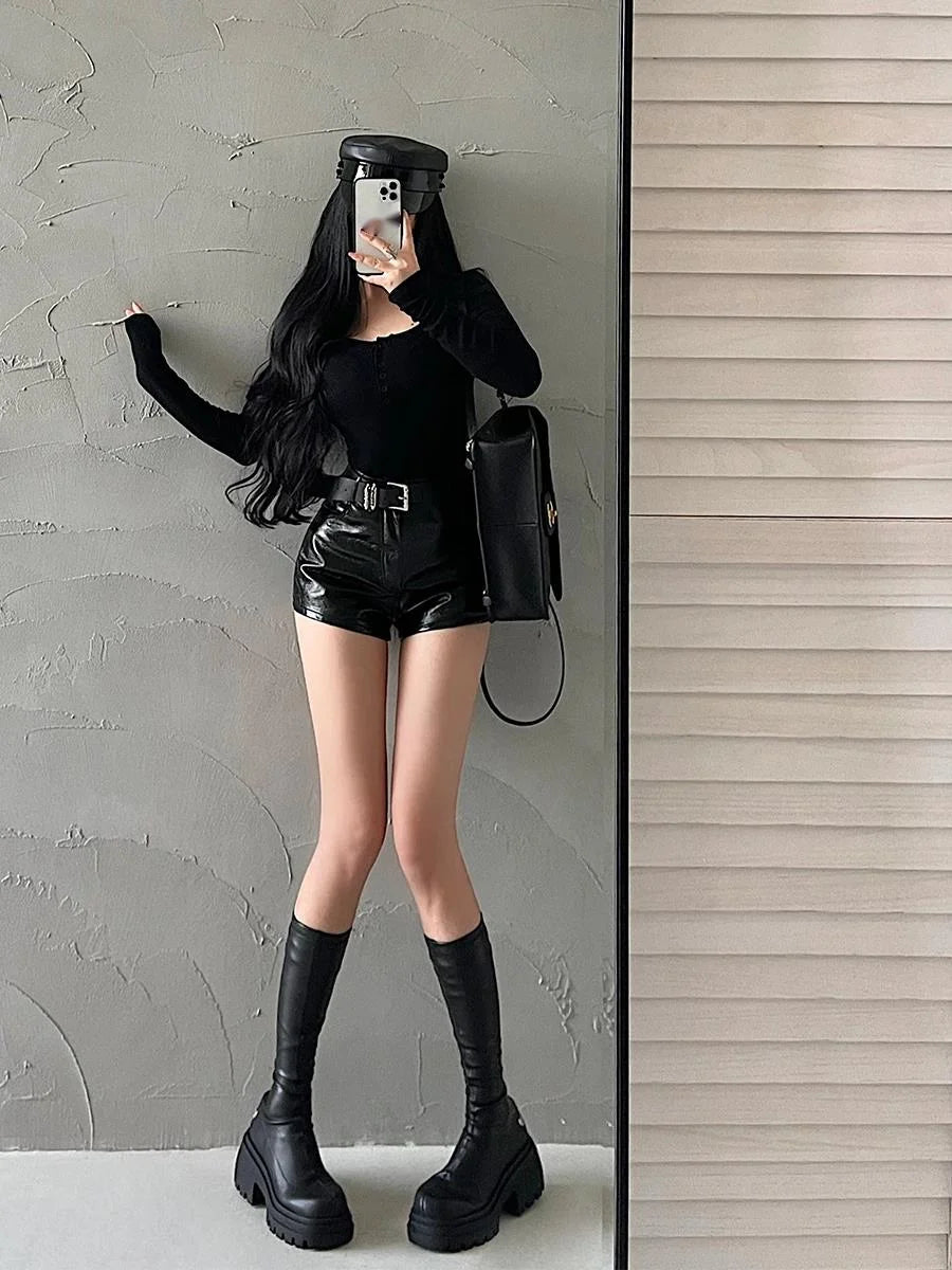 WOMENGAGA American Spicy Girl Shorts Sexy High Waist Tight Slim PU Leather Shorts Hot With Belt Trendy Fashion Spice Girls Y7EK by Reinvent Yourself