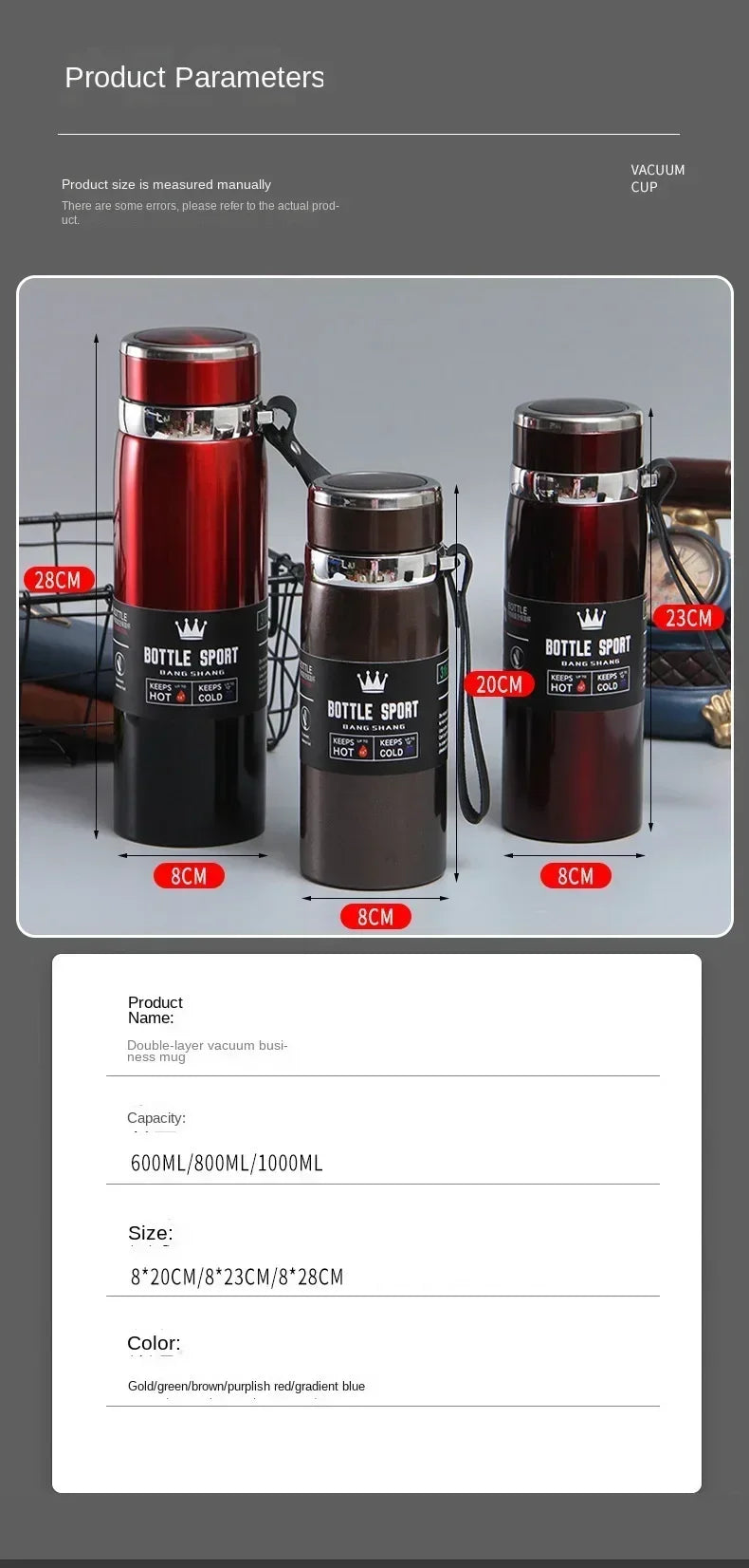 1L Thermal Water Bottle Keep Cold and Hot Water Bottle Thermos for Water Tea Coffee Vacuum Flasks Stainless Steel Thermos Bottle by Reinvent Yourself