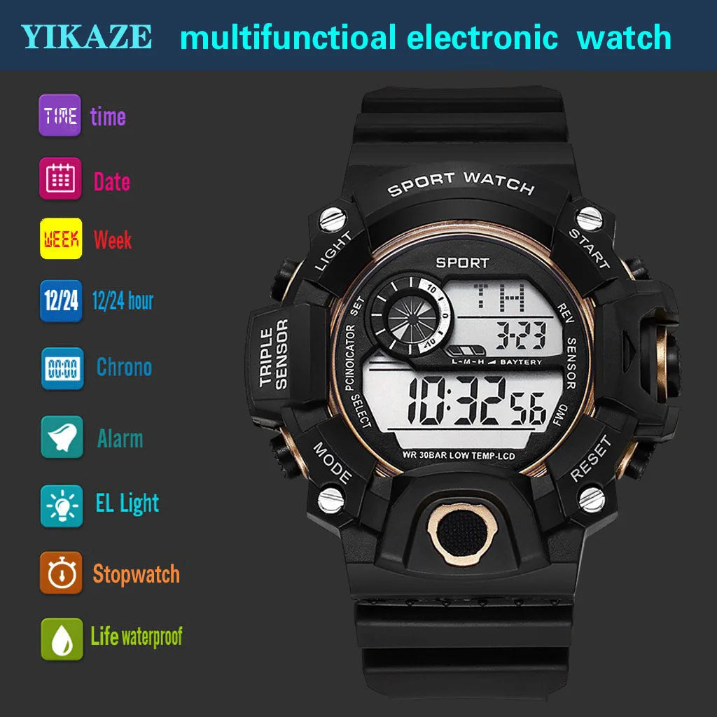 Fashion Men's Watch Sports Electronic Wristwatch Large dial Multifunctional Waterproof Luminous Alarm Kids Male's Military Watch by Reinvent Yourself