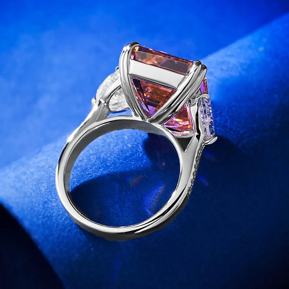 Luxury 13*16mm 15ct Emerald Cut Pink Orange Tourmaline High Carbon Diamond Rings for Women S925 Silver Rings Party Fine Jewelry by Reinvent Yourself