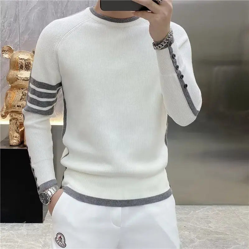 Four-bar Splicing Striped Black Knitted Sweater Men's Slim Base Shirt Ins Trendy by Reinvent Yourself