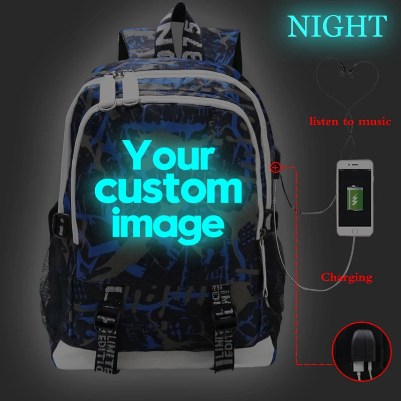 2022 Customize Your Logo Image School Bags Luminous Backpack Laptop Bag USB Charging Bookbag Teen Girls Backpacks Women Rucksack