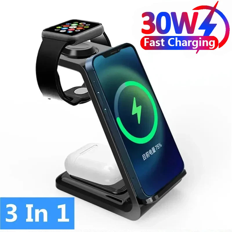 30W 3 In 1 Wireless Charger Stand Dock For iPhone 15 14 13 12 11 XS Apple Watch 8 7 AirPods Induction Fast Charging Station by Reinvent Yourself