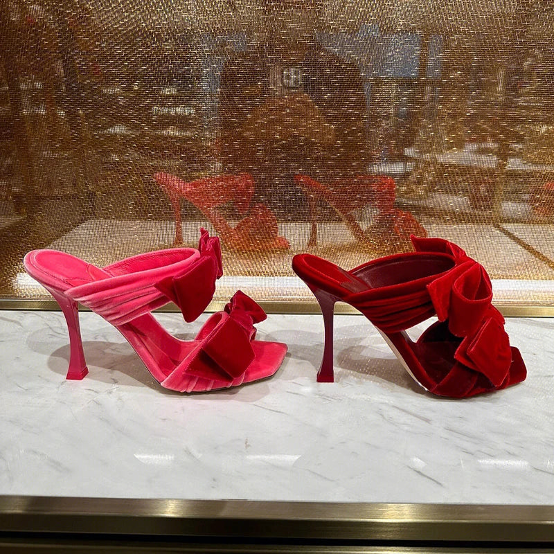 Bow Sugar Pink Pile Sandals 2024 New Lady Sandals Square Toe Open Toe Stiletto Black Heels by Reinvent Yourself