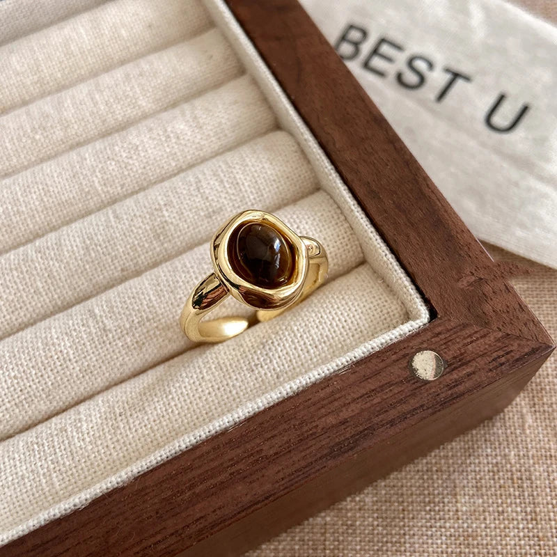 Vintage Brown Tiger Eye Stone Women's Ring Irregular Round Open Ring Design Sense High End Jewelry Gifts by Reinvent Yourself