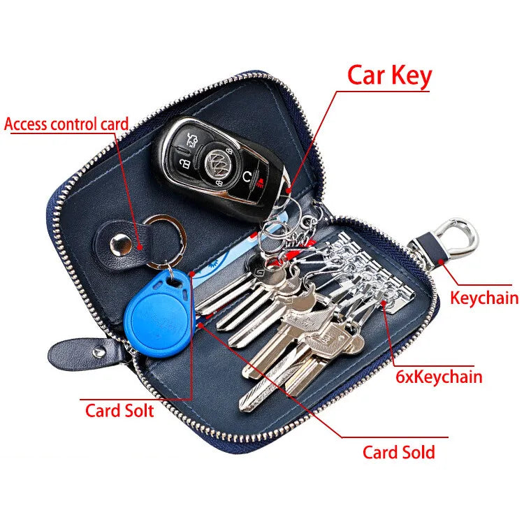 Cowhide Car Key Bag with Waist Hanging Keychain Men and Women Card Holder Smart Housekeeper Keys Portable Storage Zipper Pouch by Reinvent Yourself