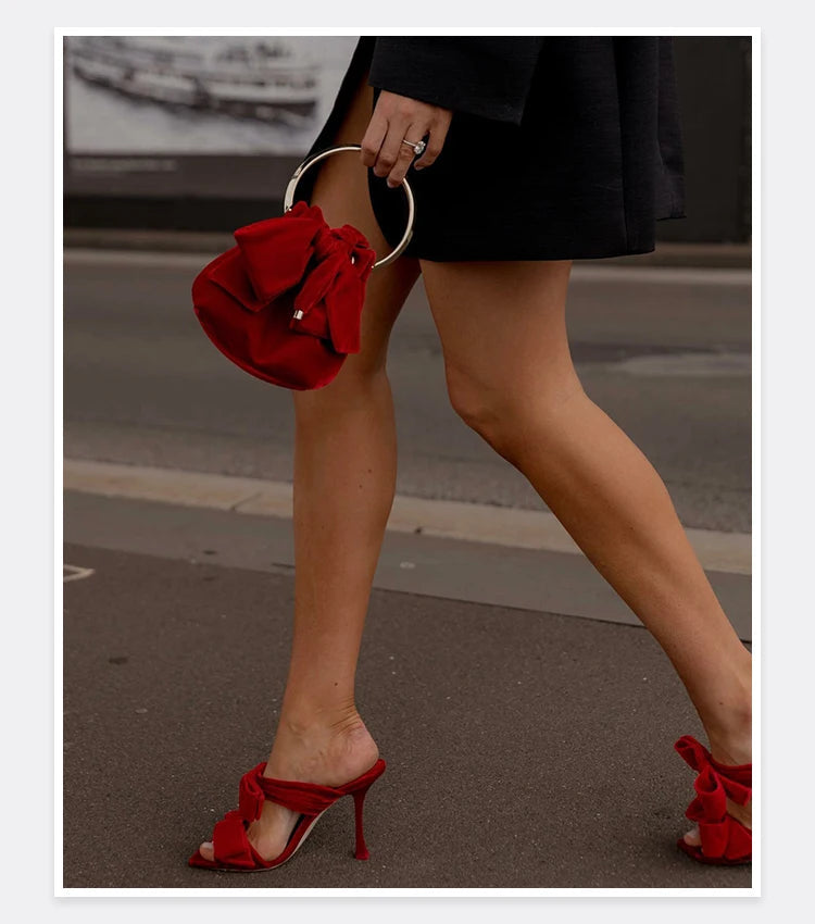 Bow Sugar Pink Pile Sandals 2024 New Lady Sandals Square Toe Open Toe Stiletto Black Heels by Reinvent Yourself