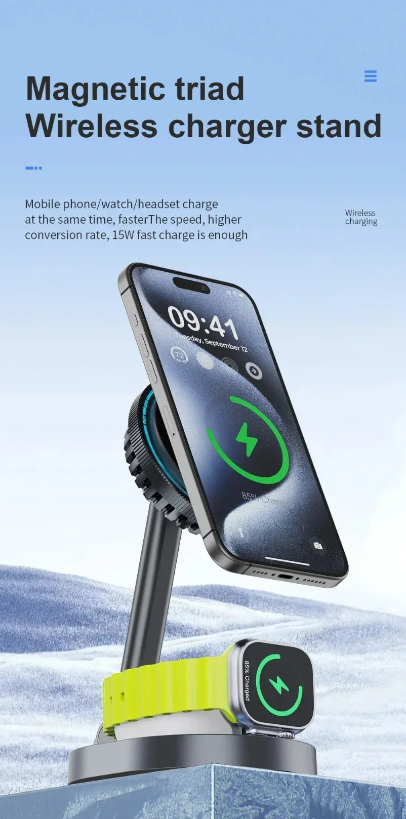 3 in 1 Foldable Fast Charging Station Ice Cooling Magnetic Wireless Charger Stand For Phone 16 15 14 13 12 IWatch 9 8 7 AirPods by Reinvent Yourself