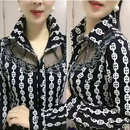 Women'S Blouse Tops Summer Lace Chiffon Shirts lapel Stitching Printing Buttons Female Blusas Offce Lady Shirts chemises fleurs by Reinvent Yourself