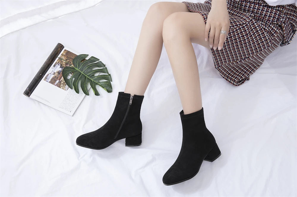 Woman Ankle Boots 2025 Autumn Winter Round Toe Low Heel Flock Black Comfortable Booties Lady Shoes Big Size 31 32 33 40 41 42 43 by Reinvent Yourself