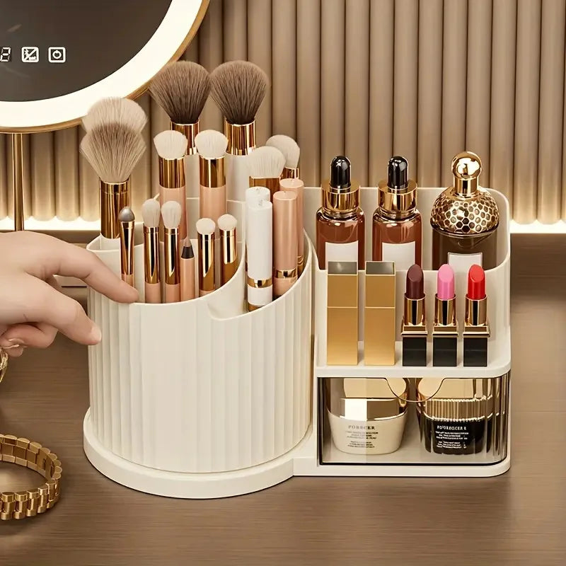 360° Rotating Makeup Organizer with Brush Holder & Drawer Desktop Large Capacity Skincare Cosmetic Tools Lipstick Display Cases by Reinvent Yourself