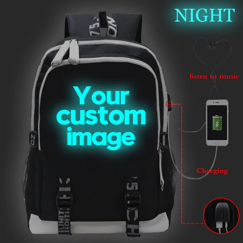 2022 Customize Your Logo Image School Bags Luminous Backpack Laptop Bag USB Charging Bookbag Teen Girls Backpacks Women Rucksack