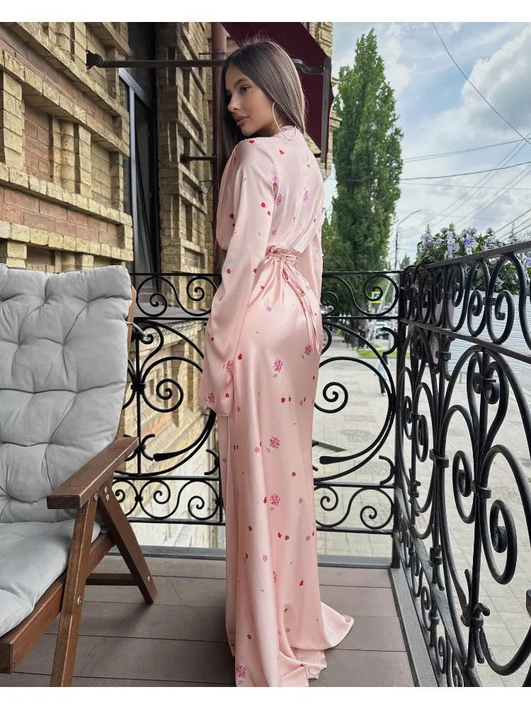 2025 Autumn Elegant Printed Satin Long Dress Women Slim Lace Up V-neck Full Sleeve Pleat Dresses Lady Party Evening Robes New by Reinvent Yourself
