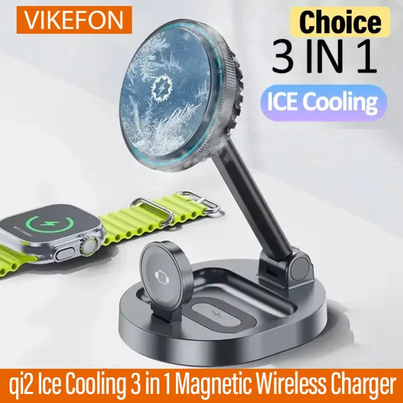 3 in 1 Foldable Fast Charging Station Ice Cooling Magnetic Wireless Charger Stand For Phone 16 15 14 13 12 IWatch 9 8 7 AirPods by Reinvent Yourself