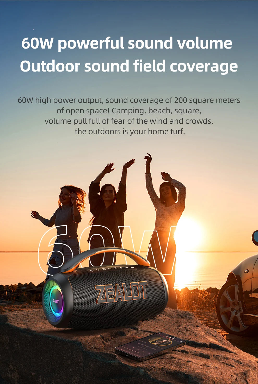 Zealot-P12 Speaker 60W Portable Bluetooth Speaker with IPX6 Waterproof, Comfortable handle,Controllable lighting,TF,USB by Reinvent Yourself