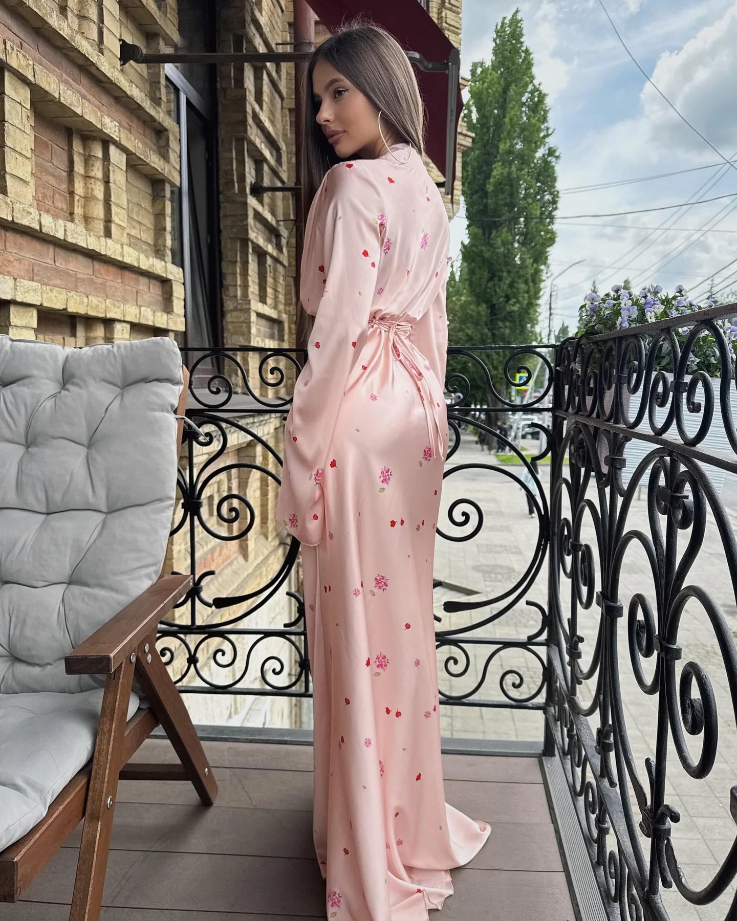 2025 Autumn Elegant Printed Satin Long Dress Women Slim Lace Up V-neck Full Sleeve Pleat Dresses Lady Party Evening Robes New by Reinvent Yourself