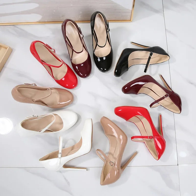 Big size Women Pumps Fashion Round toe Patent leather 12cm High Heels Spring Summer Office Lady Shoes by Reinvent Yourself