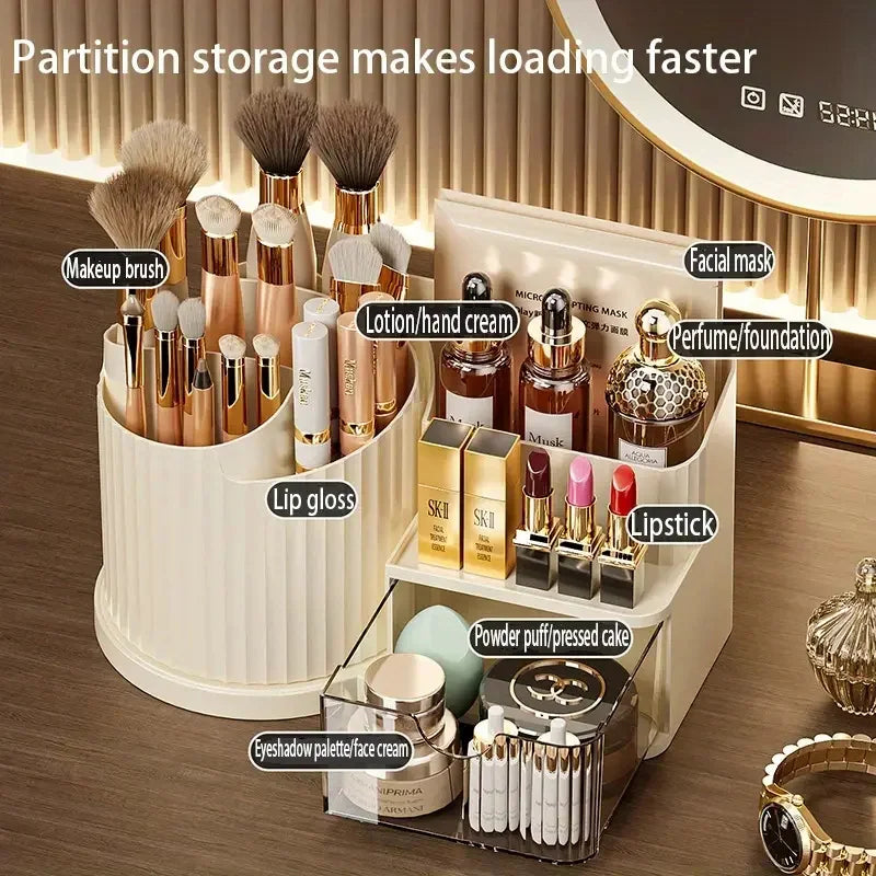 360° Rotating Makeup Organizer with Brush Holder & Drawer Desktop Large Capacity Skincare Cosmetic Tools Lipstick Display Cases by Reinvent Yourself