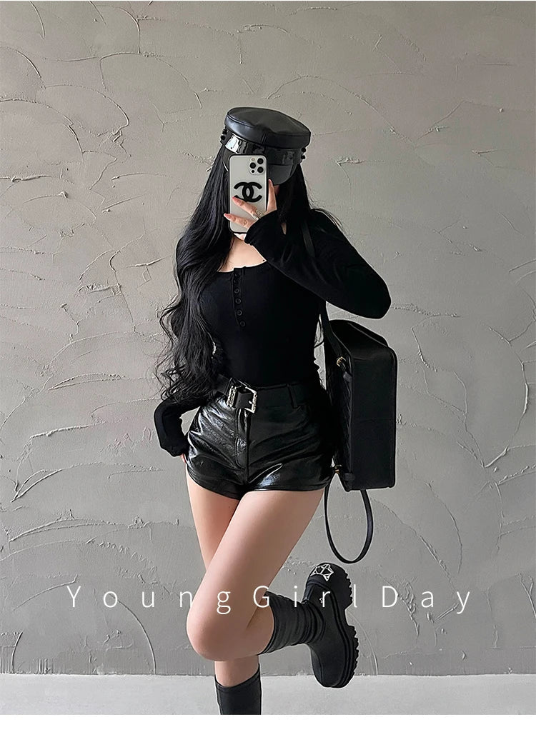WOMENGAGA American Spicy Girl Shorts Sexy High Waist Tight Slim PU Leather Shorts Hot With Belt Trendy Fashion Spice Girls Y7EK by Reinvent Yourself