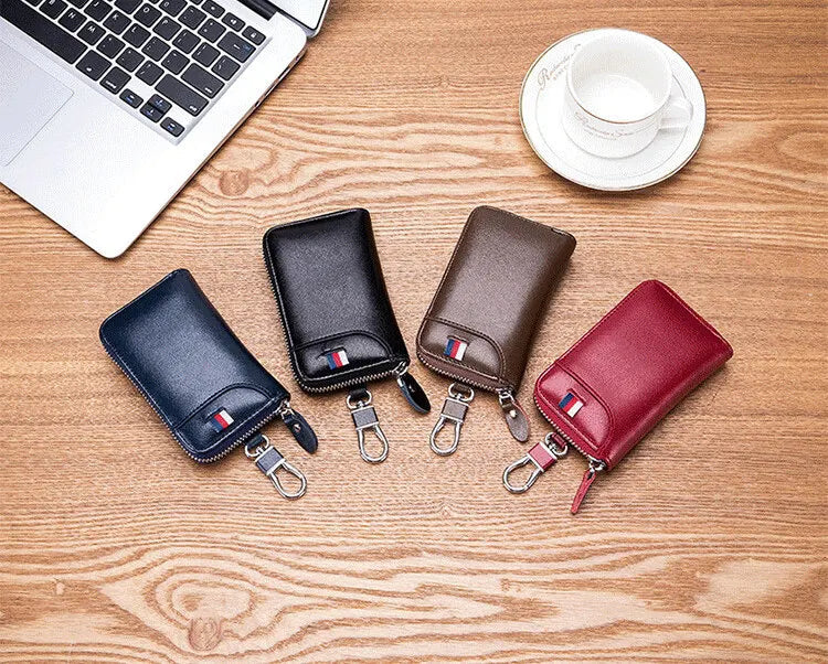 Cowhide Car Key Bag with Waist Hanging Keychain Men and Women Card Holder Smart Housekeeper Keys Portable Storage Zipper Pouch by Reinvent Yourself