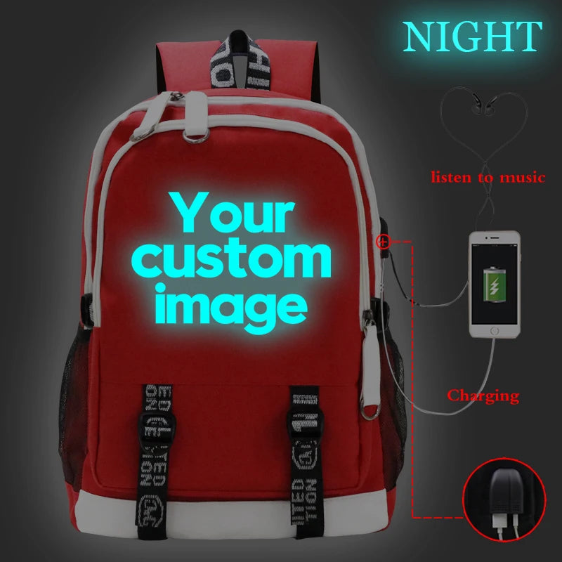 2022 Customize Your Logo Image School Bags Luminous Backpack Laptop Bag USB Charging Bookbag Teen Girls Backpacks Women Rucksack