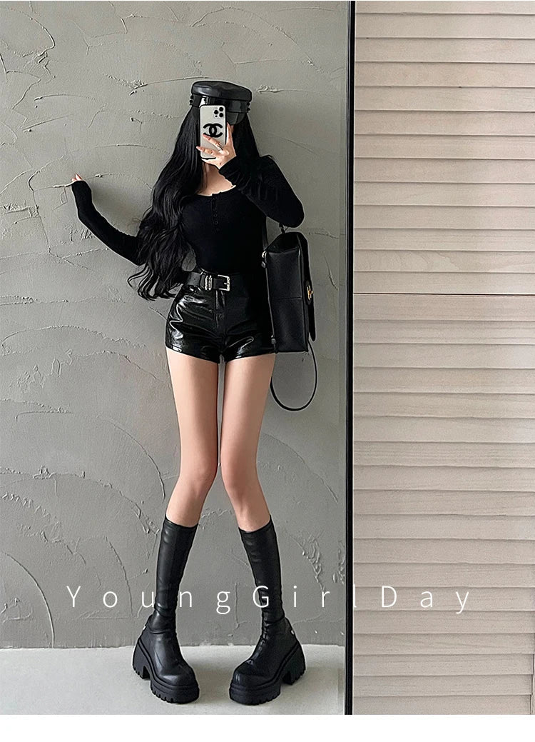 WOMENGAGA American Spicy Girl Shorts Sexy High Waist Tight Slim PU Leather Shorts Hot With Belt Trendy Fashion Spice Girls Y7EK by Reinvent Yourself