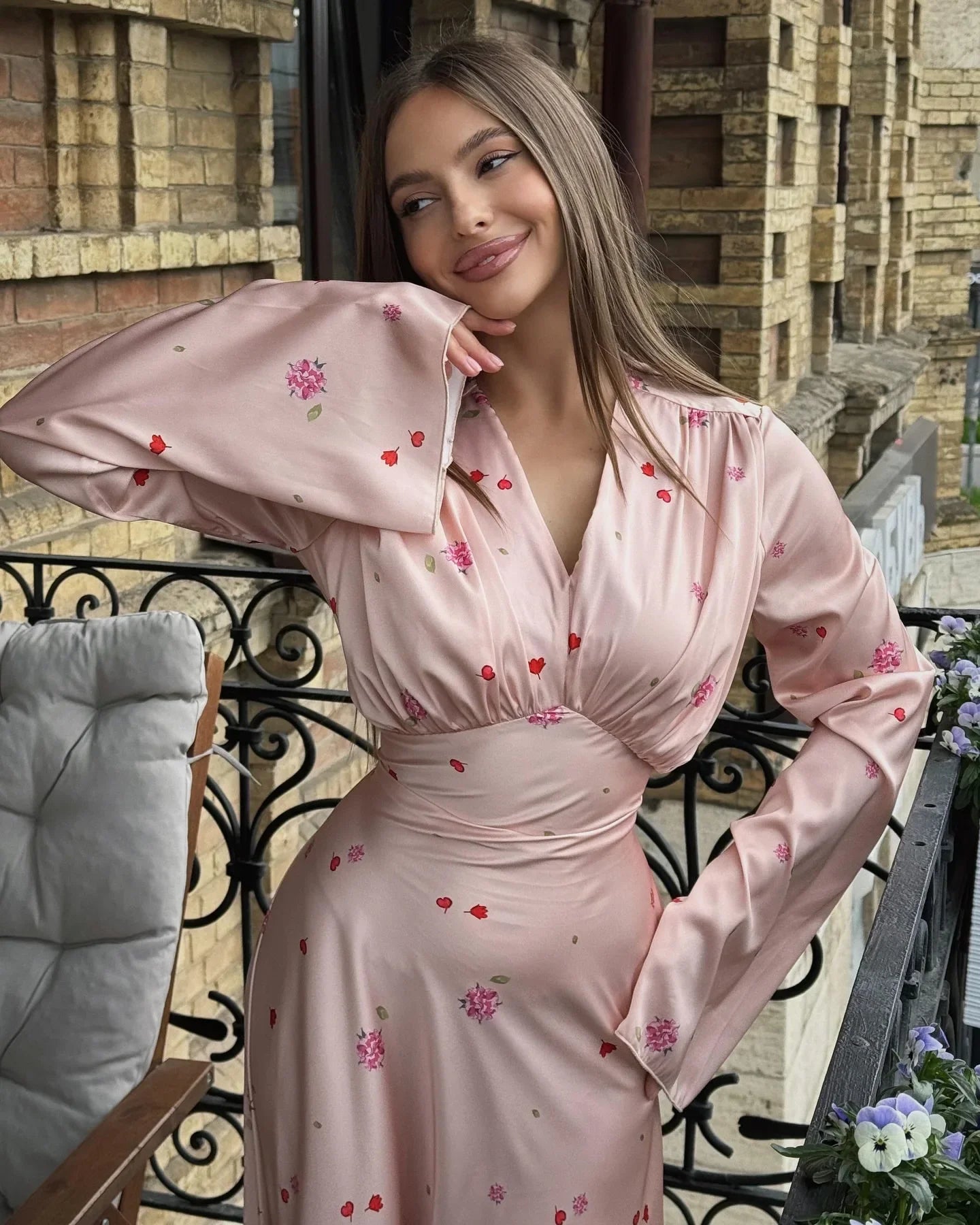 2025 Autumn Elegant Printed Satin Long Dress Women Slim Lace Up V-neck Full Sleeve Pleat Dresses Lady Party Evening Robes New by Reinvent Yourself