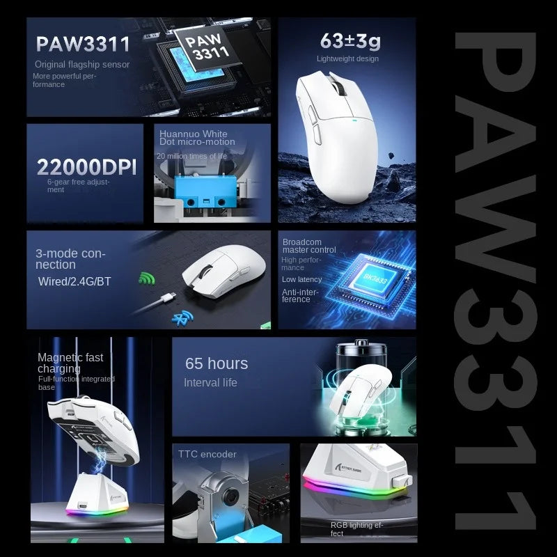 Attack Shark X11 Wireless Bluetooth Mouse RGB Triple Mode Magnetic Charging Dock PAW3311 Ultra Light Pitch Gaming Mouse by Reinvent Yourself