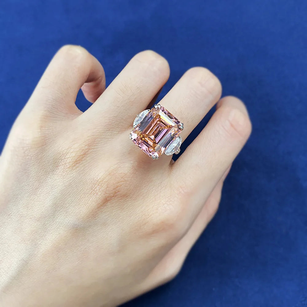Luxury 13*16mm 15ct Emerald Cut Pink Orange Tourmaline High Carbon Diamond Rings for Women S925 Silver Rings Party Fine Jewelry by Reinvent Yourself