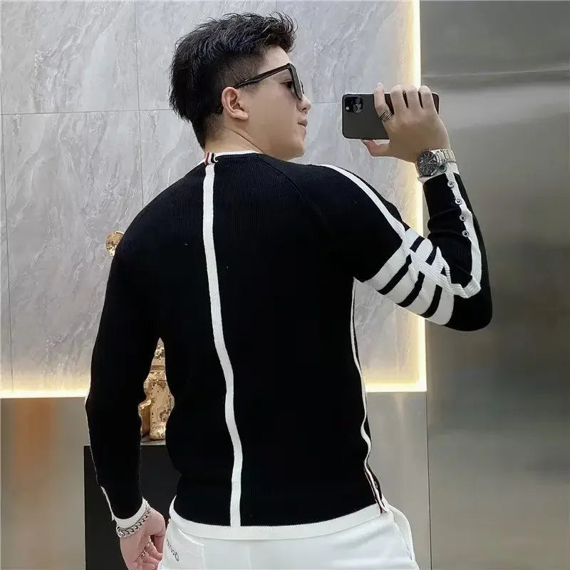 Four-bar Splicing Striped Black Knitted Sweater Men's Slim Base Shirt Ins Trendy by Reinvent Yourself