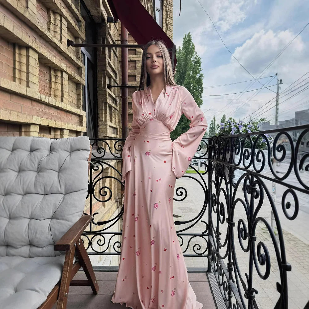 2025 Autumn Elegant Printed Satin Long Dress Women Slim Lace Up V-neck Full Sleeve Pleat Dresses Lady Party Evening Robes New by Reinvent Yourself