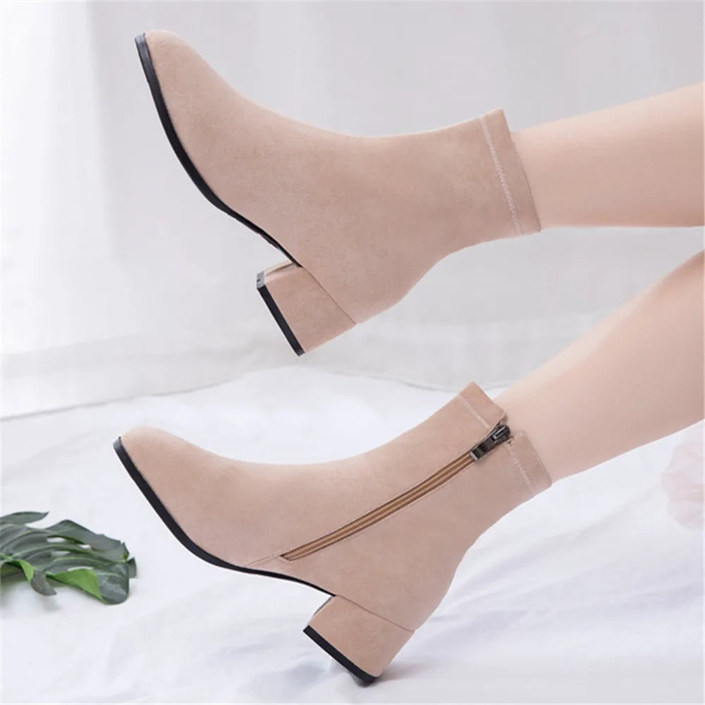 Woman Ankle Boots 2025 Autumn Winter Round Toe Low Heel Flock Black Comfortable Booties Lady Shoes Big Size 31 32 33 40 41 42 43 by Reinvent Yourself