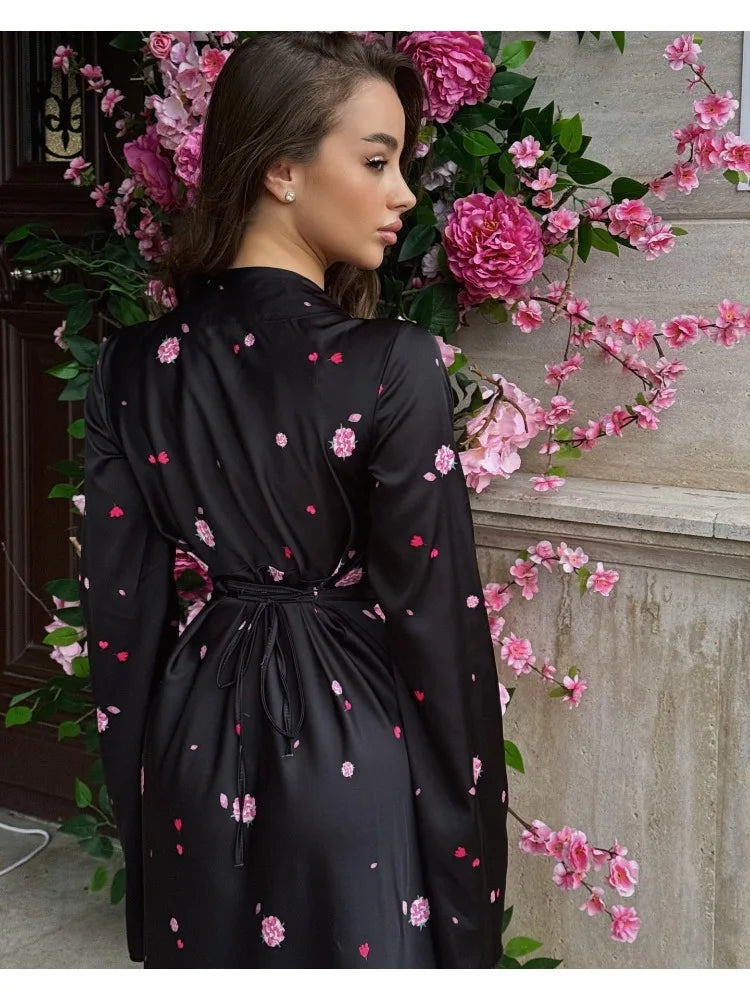 2025 Autumn Elegant Printed Satin Long Dress Women Slim Lace Up V-neck Full Sleeve Pleat Dresses Lady Party Evening Robes New by Reinvent Yourself