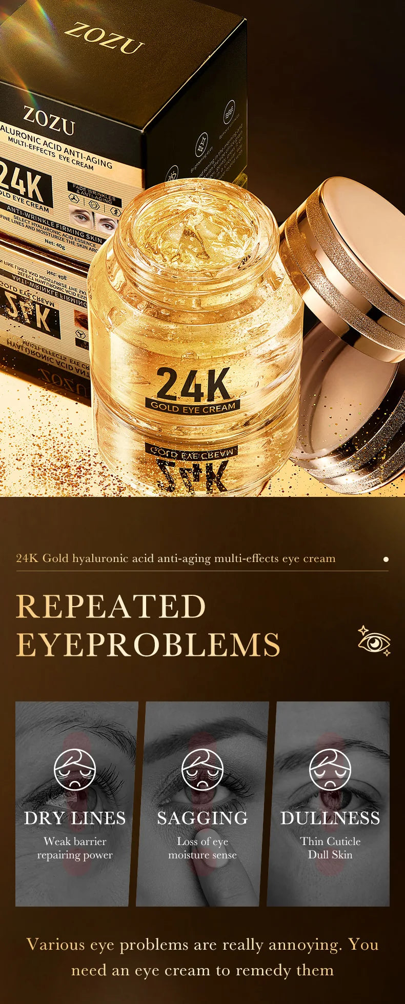 24k Gold Hyaluronic Acid Eye Cream Anti Dark Circles Eye Bags Firming Moisturizing Eyes Skin Care Prodcuts by Reinvent Yourself