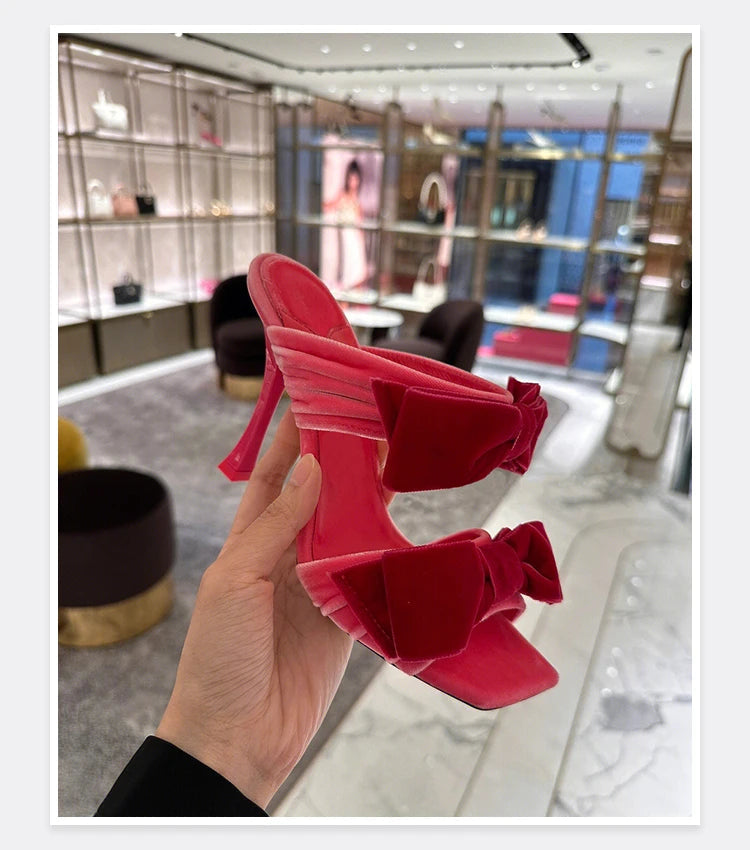 Bow Sugar Pink Pile Sandals 2024 New Lady Sandals Square Toe Open Toe Stiletto Black Heels by Reinvent Yourself
