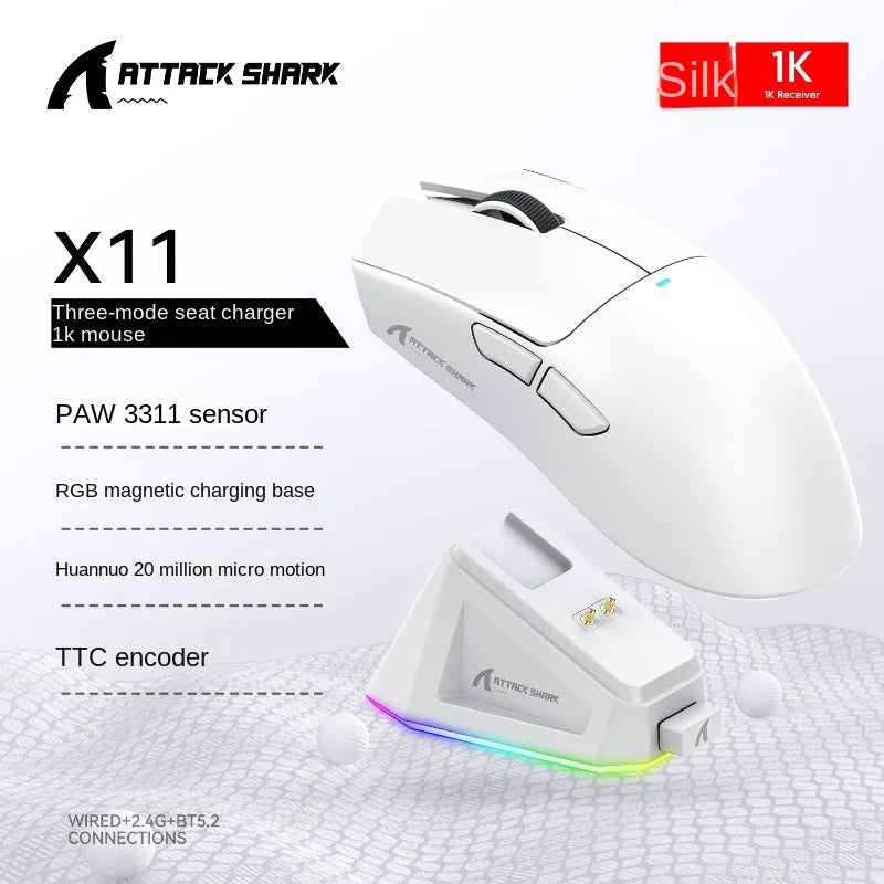 Attack Shark X11 Wireless Bluetooth Mouse RGB Triple Mode Magnetic Charging Dock PAW3311 Ultra Light Pitch Gaming Mouse by Reinvent Yourself