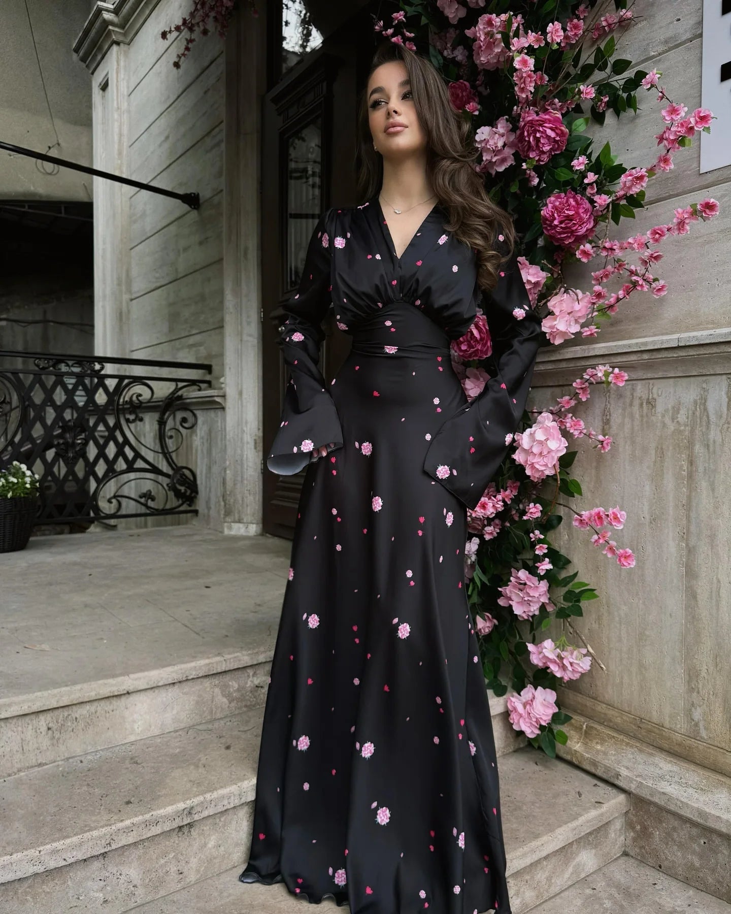 2025 Autumn Elegant Printed Satin Long Dress Women Slim Lace Up V-neck Full Sleeve Pleat Dresses Lady Party Evening Robes New by Reinvent Yourself