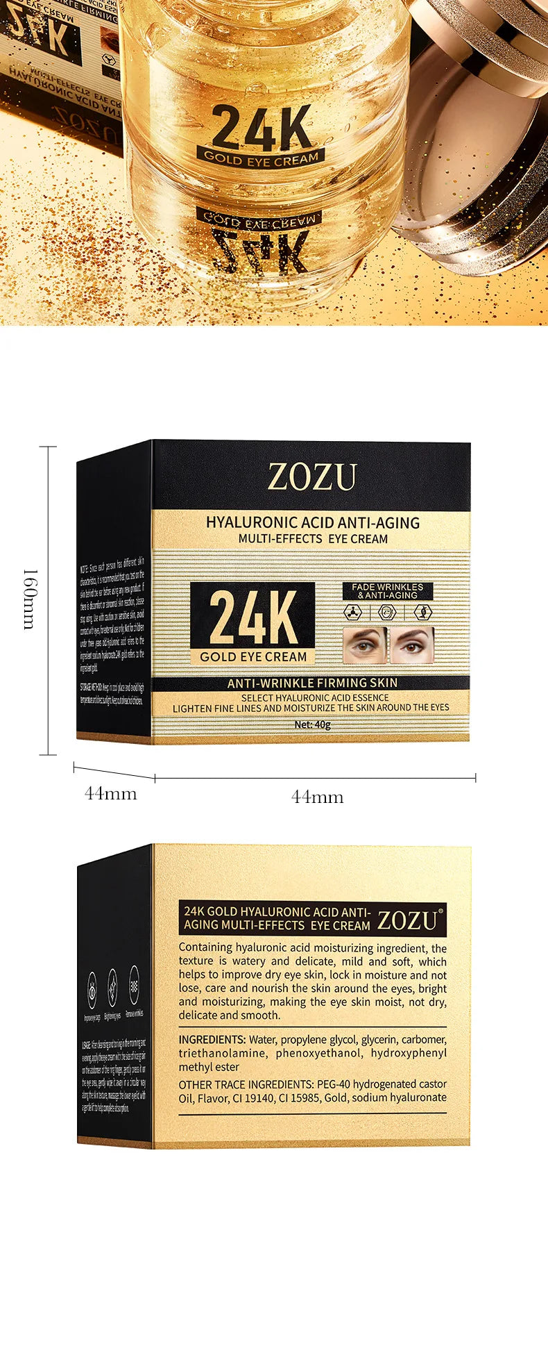 24k Gold Hyaluronic Acid Eye Cream Anti Dark Circles Eye Bags Firming Moisturizing Eyes Skin Care Prodcuts by Reinvent Yourself